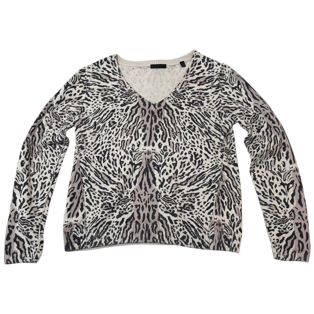 ATM Anthony Thomas Melillo Sweater Top V-Neck Animal / Leopard Print Gray Small